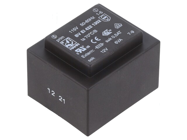 Transformator: ingegoten; 6VA; 115VAC; 12V; 500mA; PCB; BVEI Transformator: ingegoten; 6VA; 115VAC; 12V; 500mA; PCB; BVEI